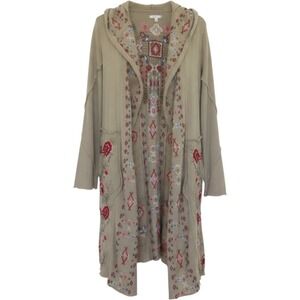 Caite Cardigan Sweater Womens S Embroidered Hooded Duster Taupe Floral Boho comf
